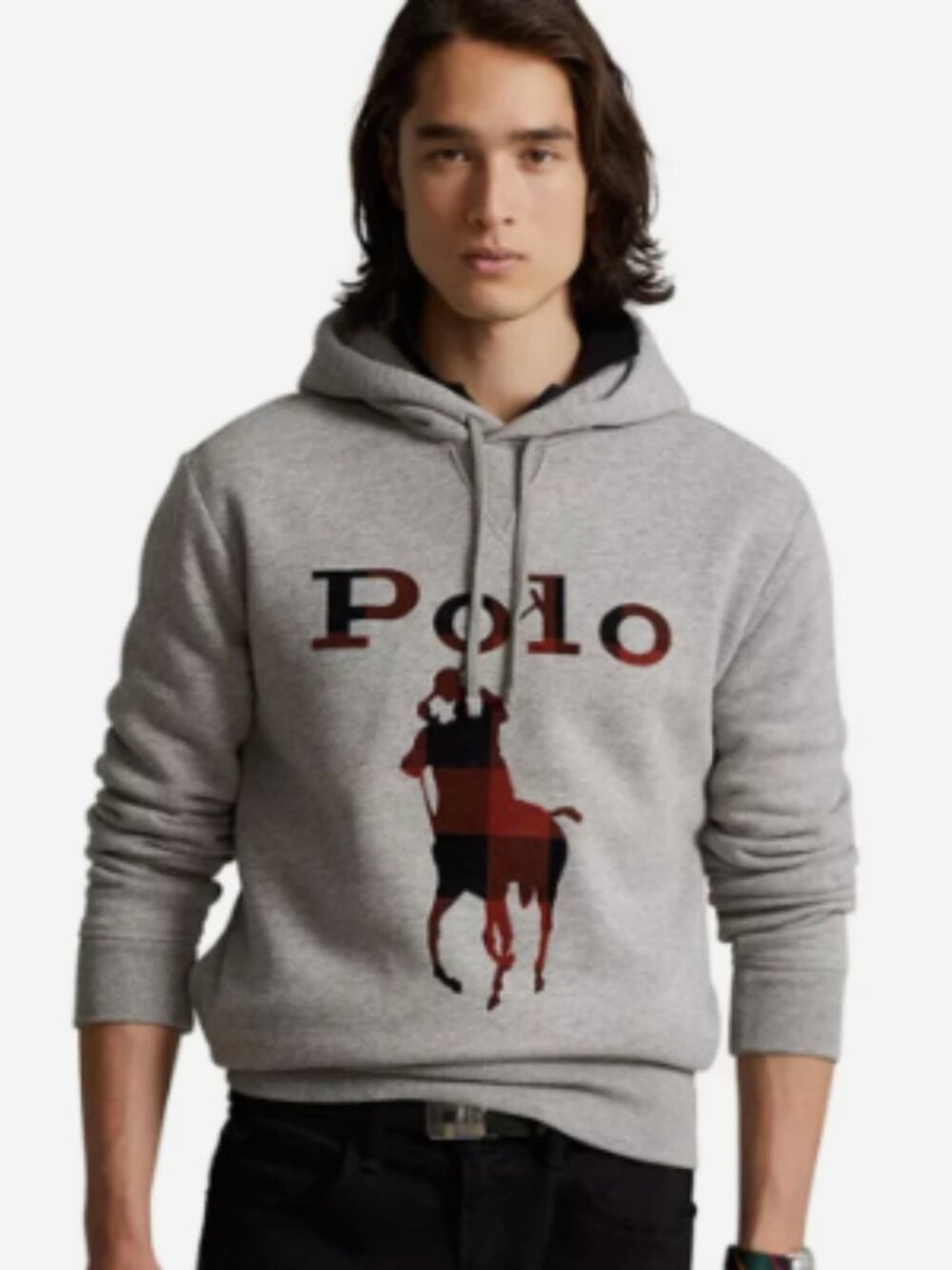 POLO RALPH LAUREN Men's Heather Grey Buffalo Check Pony Hoodie Size M